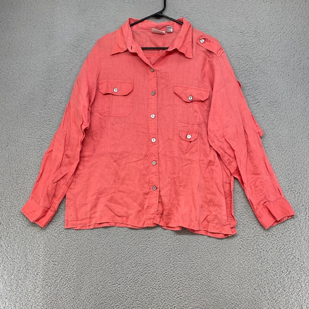 Chicos 100% Linen Top Womens‎ 3 / XL Utility Button Down Pink Roll Up Sleeves